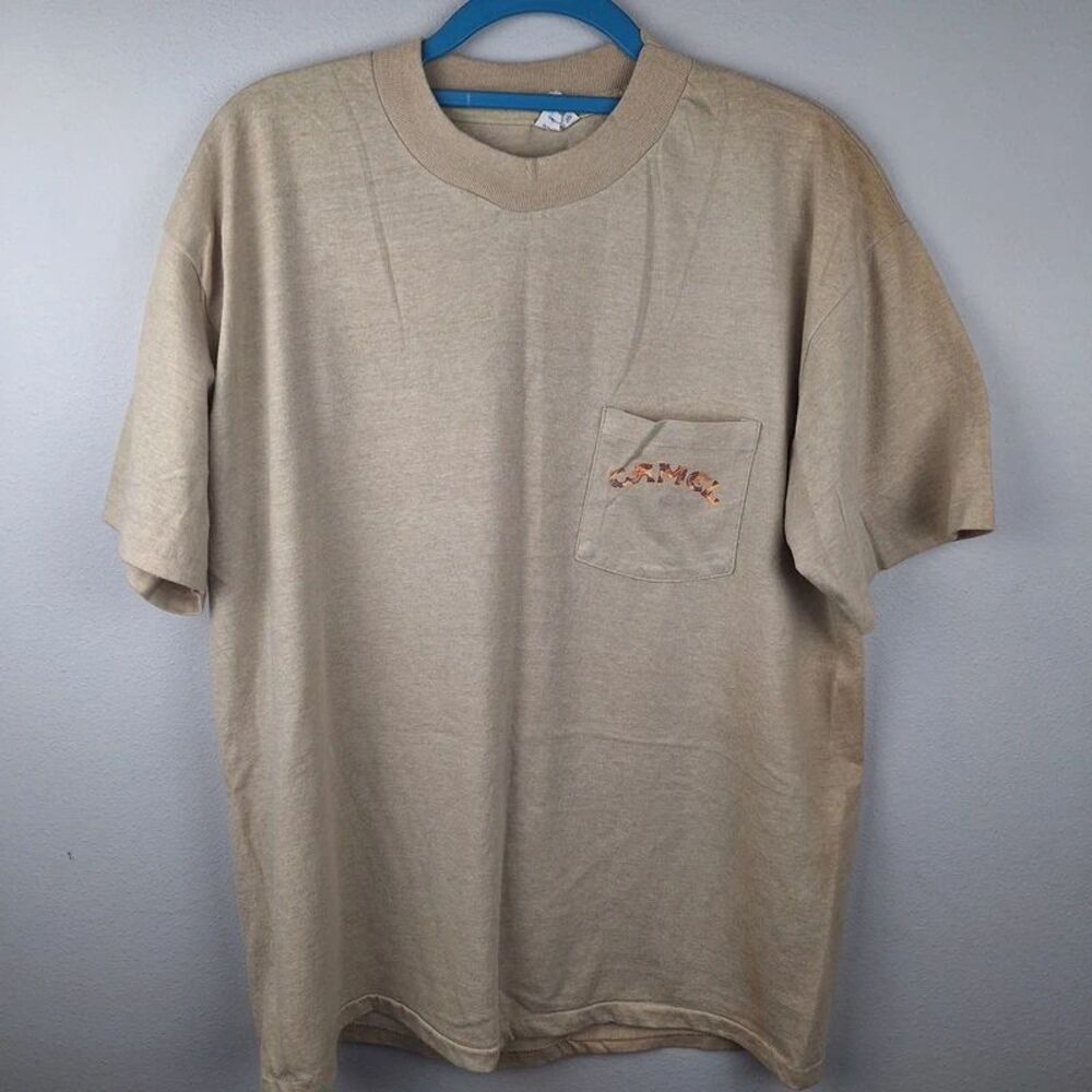 Vintage 1992 Camel Joe Camel Graphic Pocket Beige Cotton T-Shirt Men's XL